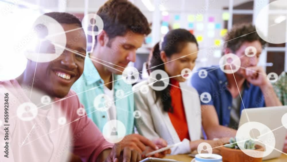 Poster animation of network of connection with icons over diverse business people using electronic devices