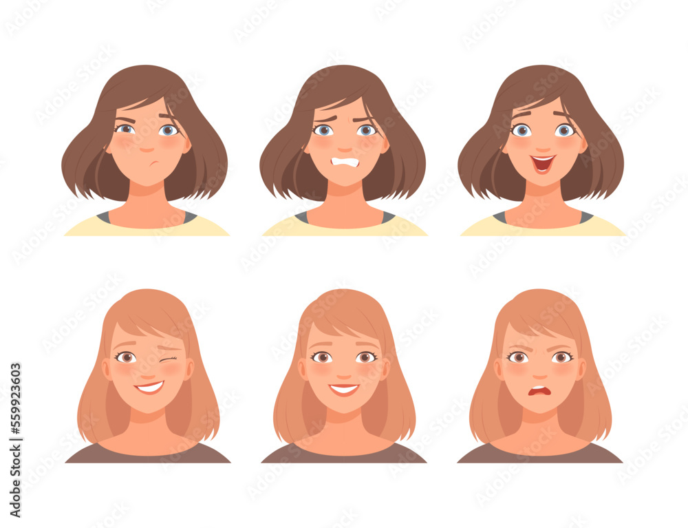 Wall mural Face expressions of beautiful girls set. Female characters with different emotions cartoon vector illustration