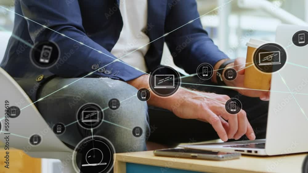 Poster animation of network of connection with icons over caucasian businessman using laptop