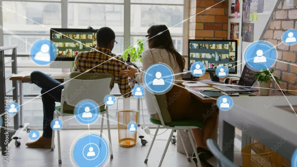 Poster animation of network of connection with icons over diverse business people using computers