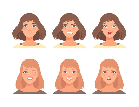 Face expressions of beautiful girls set. Female characters with different emotions cartoon vector illustration