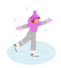 Small child is skating on rink. Baby girl in winter pink jumpsuit is learning to skate on ice. Vector illustration on white isolated background in cartoon style.