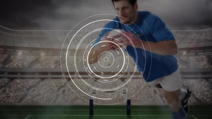 Animation of data processing over caucasian male rugby player at stadium