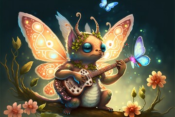 A strange magical fairy-tale creature plays a musical instrument