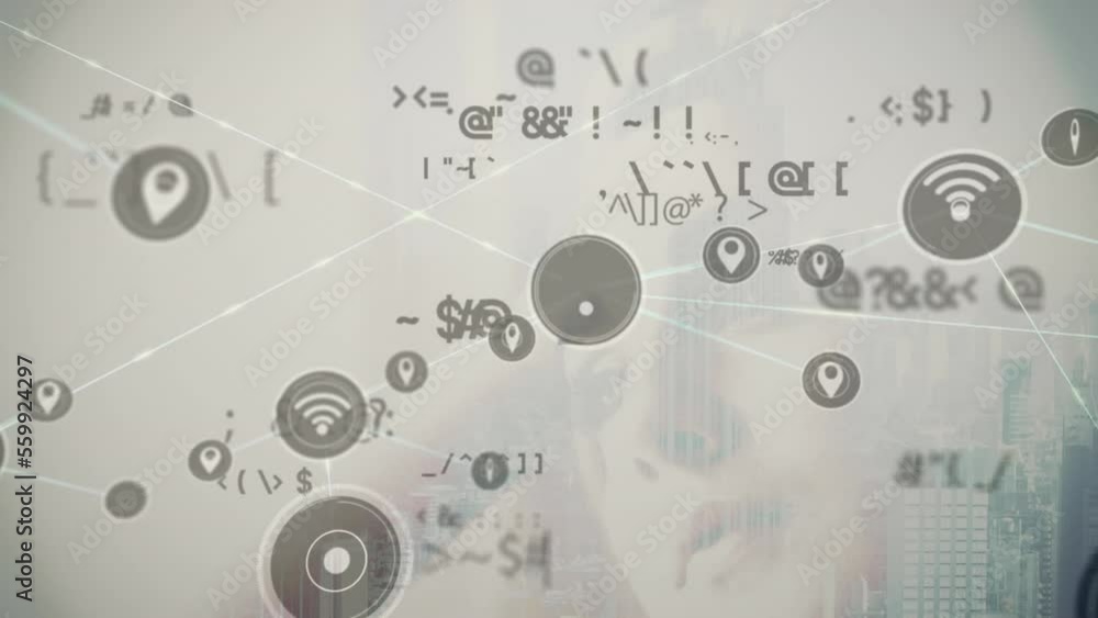 Aufkleber animation of network of connections and data processing over cityscape