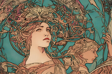 portrait of a woman in art nouveau style as decoration element for cards or banners, generative ai
