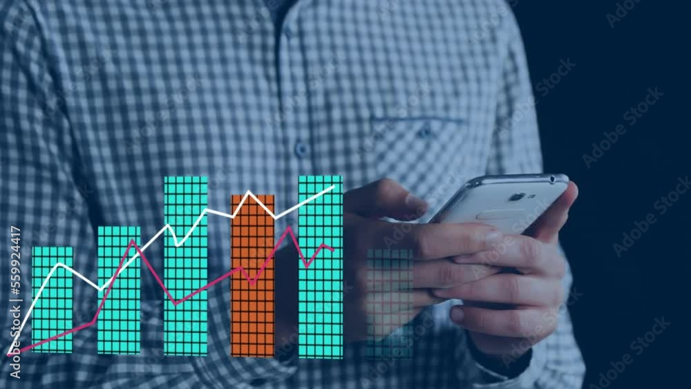 Poster animation of statistical data processing over mid section of a man using smartphone