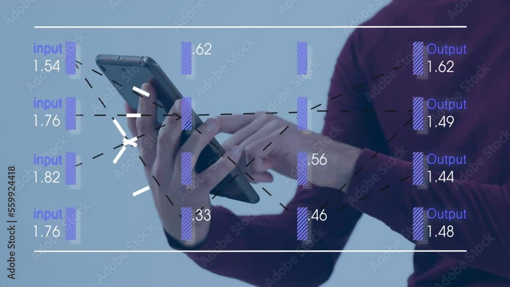Poster animation of data processing over mid section of a man using digital tablet