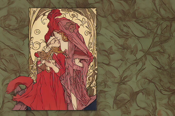 little red riding hood in art nouveau style as decoration element for cards or banners, generative ai