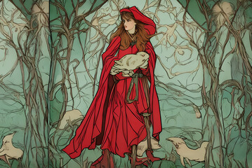 little red riding hood in art nouveau style as decoration element for cards or banners, generative ai