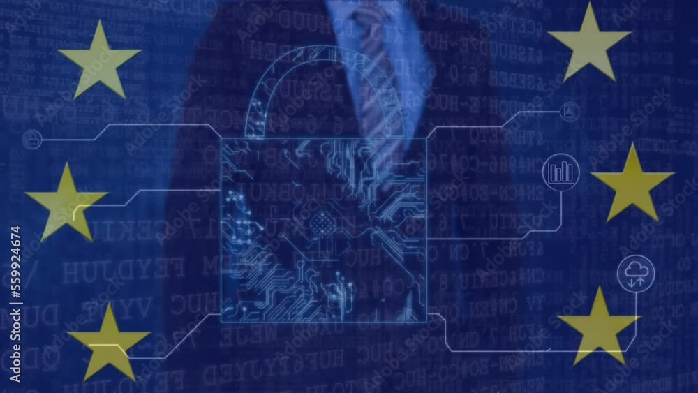 Aufkleber a conceptual animation of circuit connection security, with the european union flag and stars moving