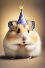 Portrait von einem Hamster mit Partyhut und Geburtstagstorte am Geburtstag feiern vor pastellfarbenen Hintergrund