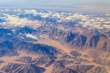 View of the Sinai mountains and desert in Egypt. View from a plane