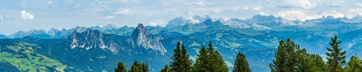 Fototapeta na wymiar Switzerland 2022, Beautiful view of the Alps from Rigi Kulm. Mythens mountains.