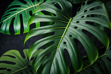 Plakat Natural, young, green leaves of the monstera deliciosa. Generative AI