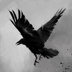 drawn flying raven. graphic designer bird