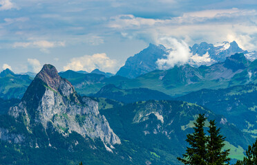 Fototapeta premium Switzerland 2022, Beautiful view of the Alps from Rigi Kulm. Mythens mountains.