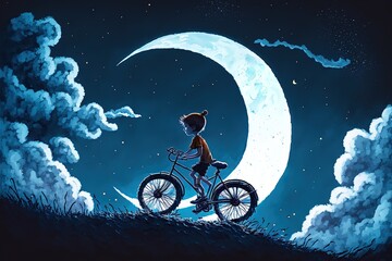 A little boy on a bicycle under the lunar month