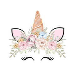 Vector cute colorful unicorn on white background. Watercolor style decoration.