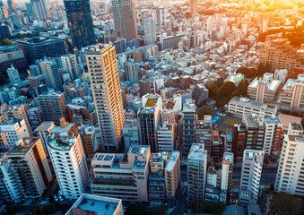 Aerial view of the skyline and cityscape at sunset in Minato, Tokyo, Japan
