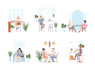 People sitting in cafe, drinking coffee and communicating set flat vector illustration