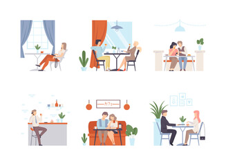 People sitting in cafe or restaurant, drinking coffee and communicating set flat vector illustration