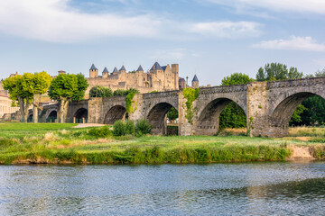 Fototapeta premium Scenic view of medieval city of Carcassonne in France during warm summer sunset
