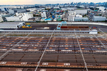 Aerial view of a train terminal in Koto City, Tokyo, Japan
