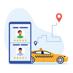 Naklejka premium Vector illustration of taxi apps. Cartoon scene taxi which on the map shows the route to the customer on white background. A convenient trip to the right place.