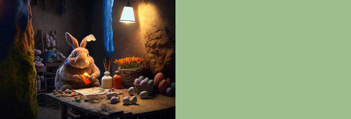 secret workshop of the easter bunny. Copy space, space for your text. Waster rabbit working at his station for the new eggs´production, cute seasonal illustration, generated art