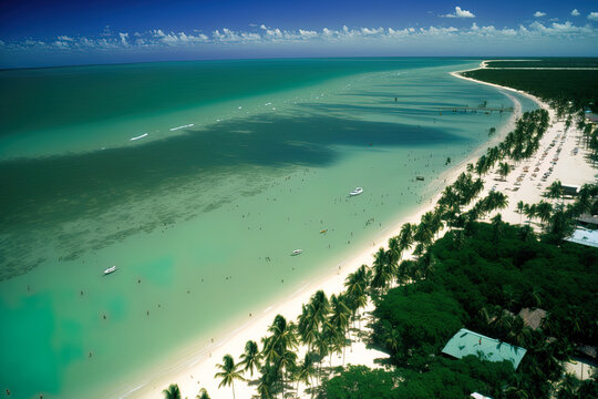Aerial image of Gunga Beach, also known as Praia do Gunga, in Maceio, Alagoas, with its crystal clear seas and coconut palms. Brazil's Northeast area. Generative AI