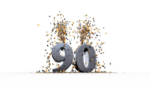 um&eacute;ro 90 argent avec confettis or et argent sur fond transparent - rendu 3D