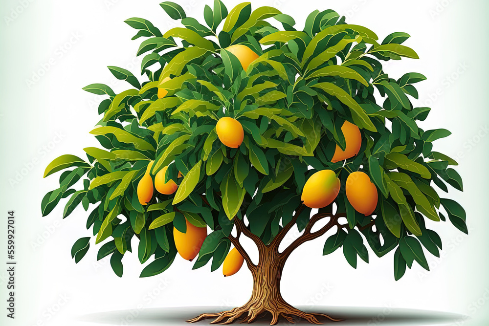 Poster image of a mango tree with fruit, isolated on a white background. generative ai