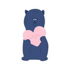 Cute blue teddy bear in love with a big smiling heart. Vector isolated on a white background
