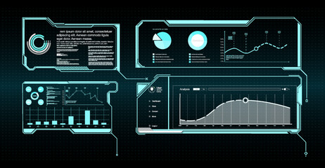 GUI elements for game. Data information infographic. Vector Big set of Sci Fi modern user interface elements. futuristic abstract HUD frame screen, button, loading, text isolated on black background