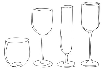 A set of glasses. Glass drawn with lines. Minimalism. Restaurant. Kitchen. Dishes. Isolated on a white background. Glass drawn in ink.