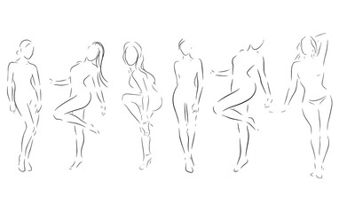 Fototapeta na wymiar Drawn silhouette of a woman. Set of female poses. Line-drawn woman. Line art. ink. Fashion. Elegance. Isolated on a white background. Female silhouette.