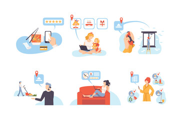 People ordering, purchasing of goods set. Man and woman giving feedbacks. Delivery and shopping by smartphone, laptop flat vector illustration
