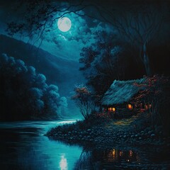 Fototapeta na wymiar landscape of a lake, moon, mountain and rustic house in the middle of the forest, image generated by AI