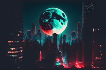 Neon Full Moon and Cityscape Generative AI