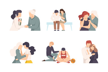 People comforting each other by hugging set. Friendship, understanding, acceptance cartoon vector illustration