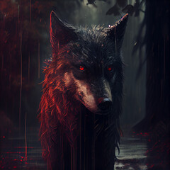 Evil wolf with red eyes portrait. Generative AI. - obrazy, fototapety, plakaty