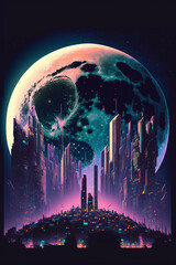 Obraz premium Neon Full Moon and Cityscape Generative AI