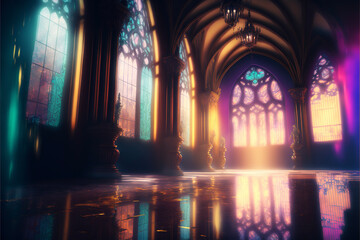 Illuminated Cathedral Interior with Stained Glass Generative AI