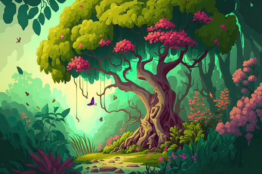 a forest or jungle with a large, lonesome tree with vibrant blooms and foliage. Bright green image of a forest or woodlands for children. Children's magic jungle . Generative AI