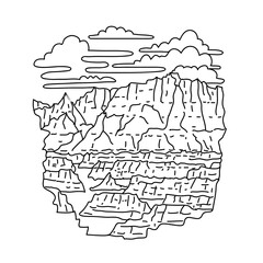 Mono line illustration of the Door Trail in Badlands National Park, South Dakota, United States done in black and white monoline line drawing art style.