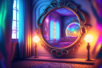 Large Ornate Circular Mirror on the Floor of a Magical Fantasy Sitting Room, Reflecting a Portal to Another Dimension, Two Glowing Golden Orbs in the foreground Generative AI