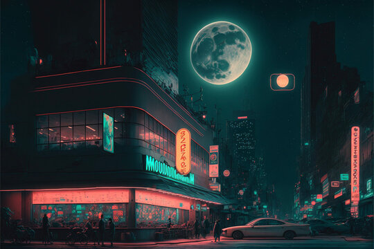 Neon Full Moon And Cityscape	