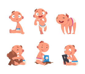 Cute little toddler baby in everyday activities set. Active baby character sitting, running, playing cartoon vector illustration