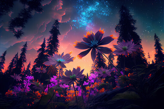 Fairy forest at night, scenery of fantasy meadow, glowing flowers, generative AI